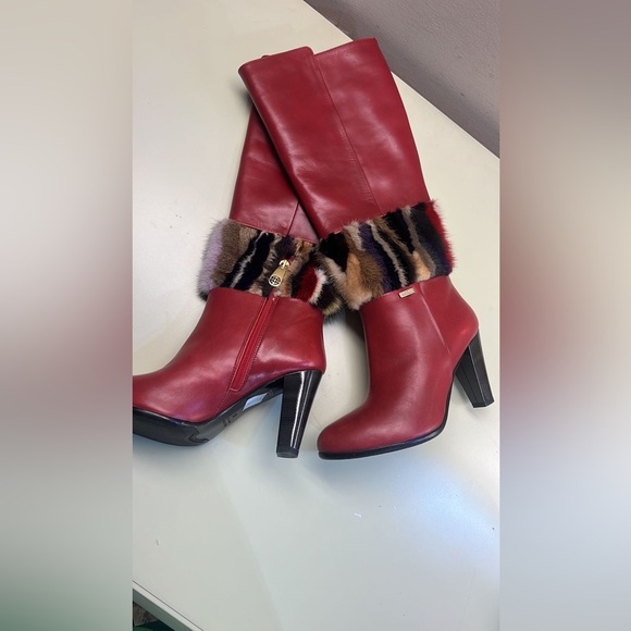 GIOVANNI GUISTI MADE IN ITALY LEATHER  Red and Black Knee-High Heeled Boots - Picture 1 of 8